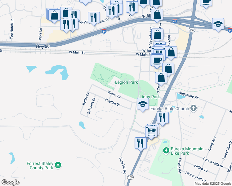 map of restaurants, bars, coffee shops, grocery stores, and more near 223 Weber Drive in Eureka