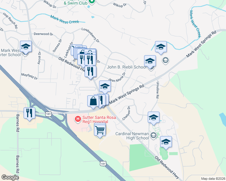 map of restaurants, bars, coffee shops, grocery stores, and more near 424 Newport Place in Santa Rosa