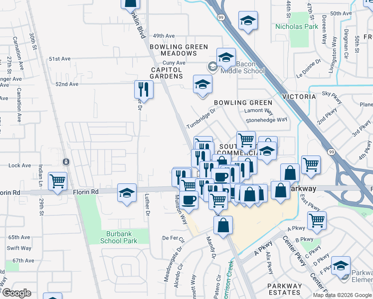 map of restaurants, bars, coffee shops, grocery stores, and more near in Sacramento