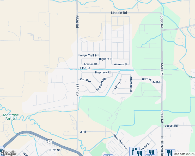 map of restaurants, bars, coffee shops, grocery stores, and more near 1265 Wagon Rd in Montrose