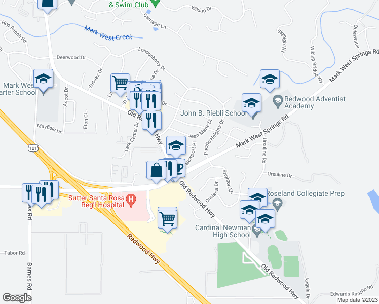 map of restaurants, bars, coffee shops, grocery stores, and more near 424 Newport Place in Santa Rosa