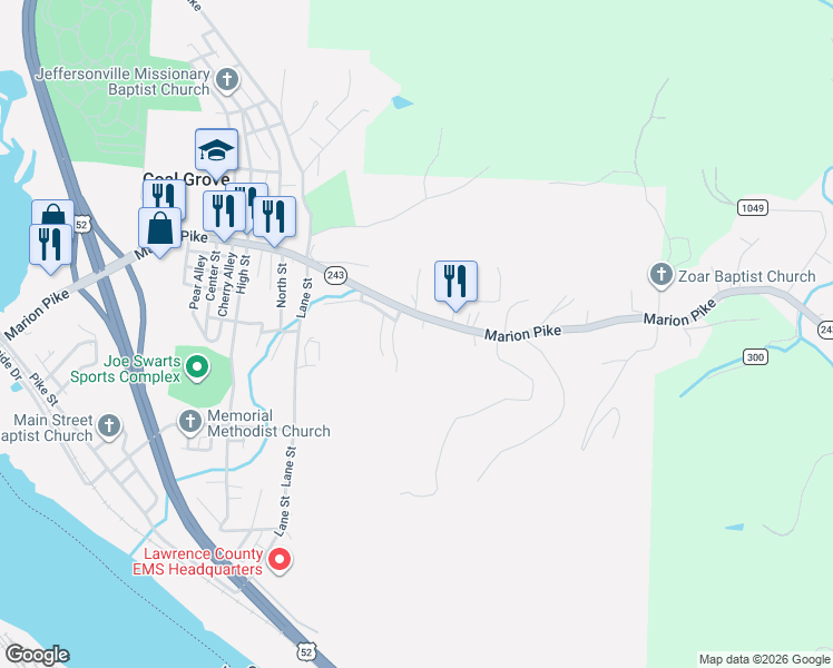 map of restaurants, bars, coffee shops, grocery stores, and more near 810 Sunset Drive in Coal Grove