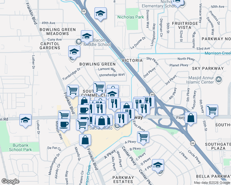 map of restaurants, bars, coffee shops, grocery stores, and more near 7051 Bowling Drive in Sacramento