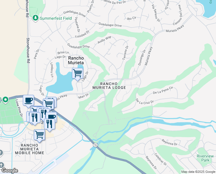 map of restaurants, bars, coffee shops, grocery stores, and more near 7085 Murieta Parkway in Rancho Murieta