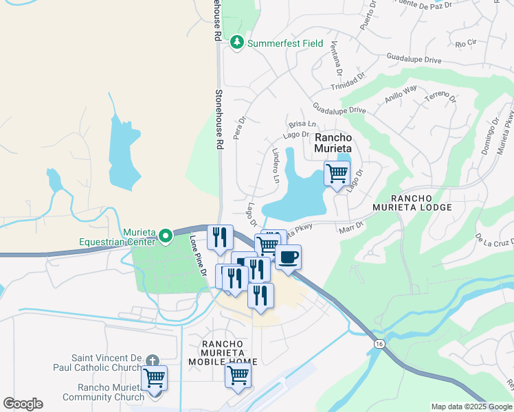 map of restaurants, bars, coffee shops, grocery stores, and more near 14866 Lago Drive in Rancho Murieta