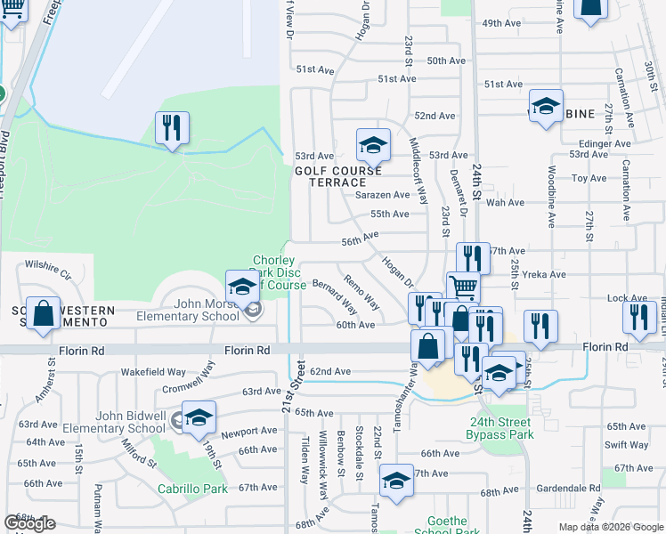 map of restaurants, bars, coffee shops, grocery stores, and more near 2112 57th Avenue in Sacramento