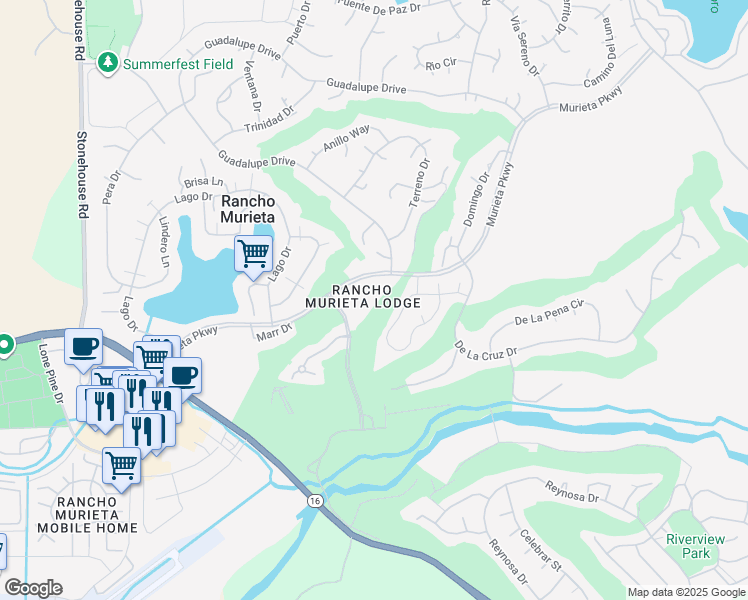 map of restaurants, bars, coffee shops, grocery stores, and more near 7083 Murieta Parkway in Rancho Murieta