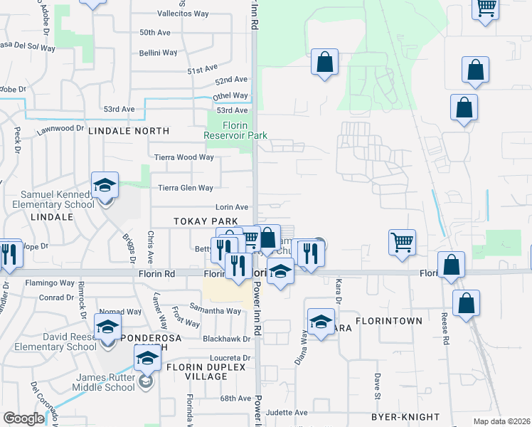 map of restaurants, bars, coffee shops, grocery stores, and more near 7009 Power Inn Road in Sacramento