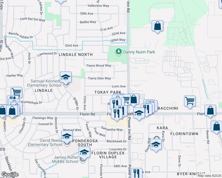 map of restaurants, bars, coffee shops, grocery stores, and more near 7920 Lorin Avenue in Sacramento