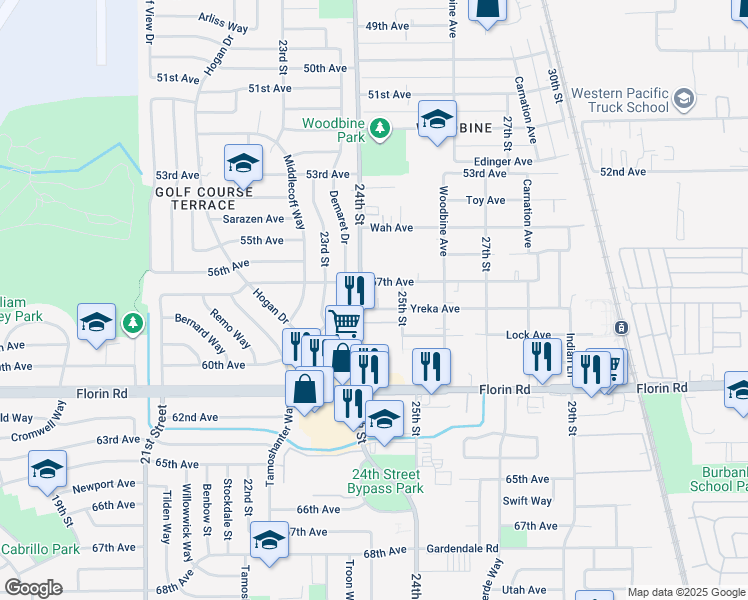 map of restaurants, bars, coffee shops, grocery stores, and more near 2420 57th Avenue in Sacramento