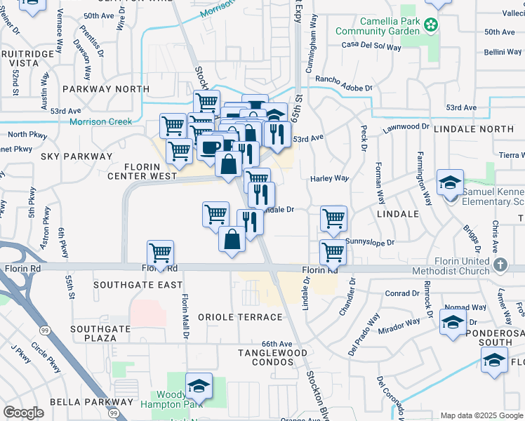 map of restaurants, bars, coffee shops, grocery stores, and more near 6915 Lindale Drive in Sacramento