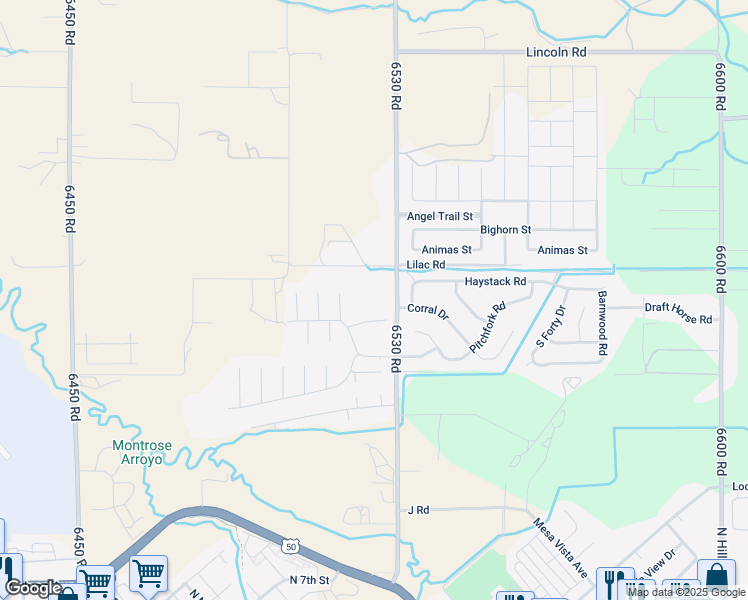 map of restaurants, bars, coffee shops, grocery stores, and more near 1085 6530 Road in Montrose