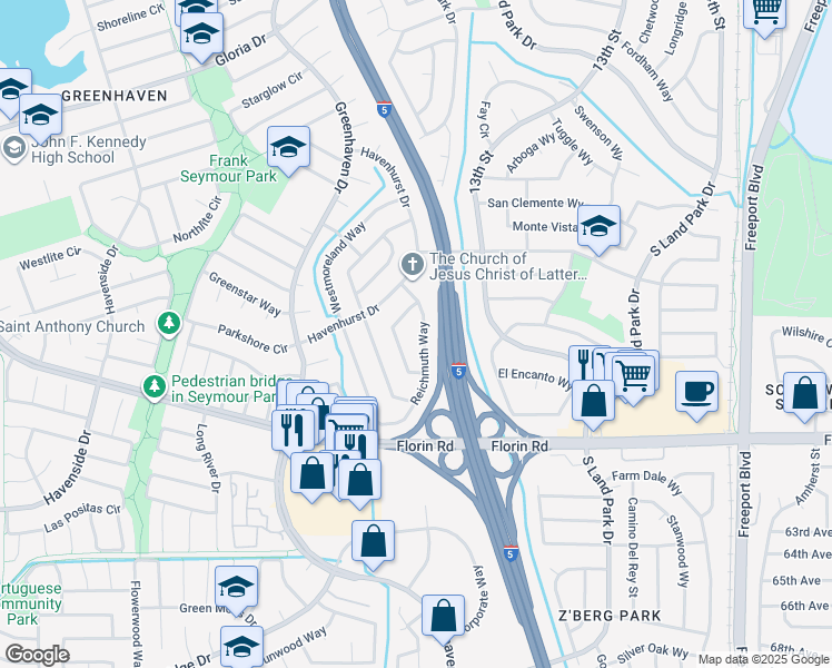 map of restaurants, bars, coffee shops, grocery stores, and more near 7041 Reichmuth Way in Sacramento
