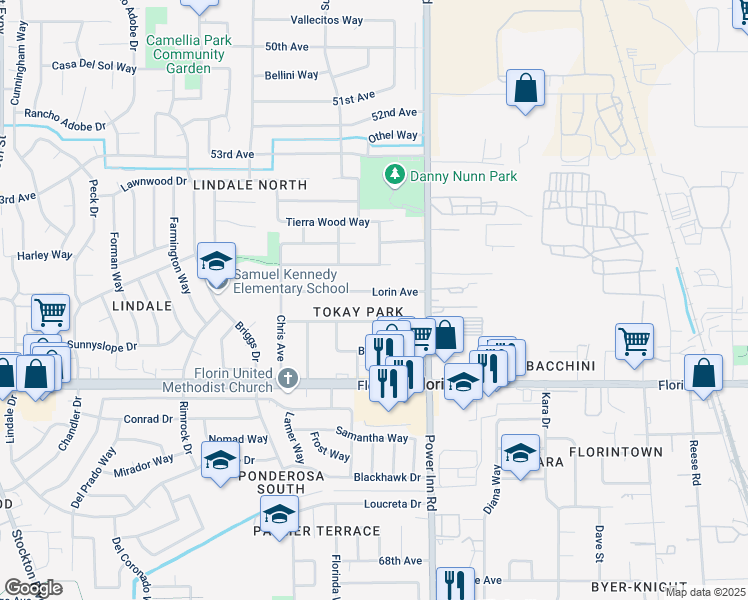 map of restaurants, bars, coffee shops, grocery stores, and more near 7920 Lorin Avenue in Sacramento