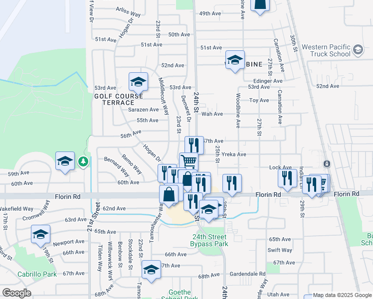 map of restaurants, bars, coffee shops, grocery stores, and more near 7006 Demaret Drive in Sacramento