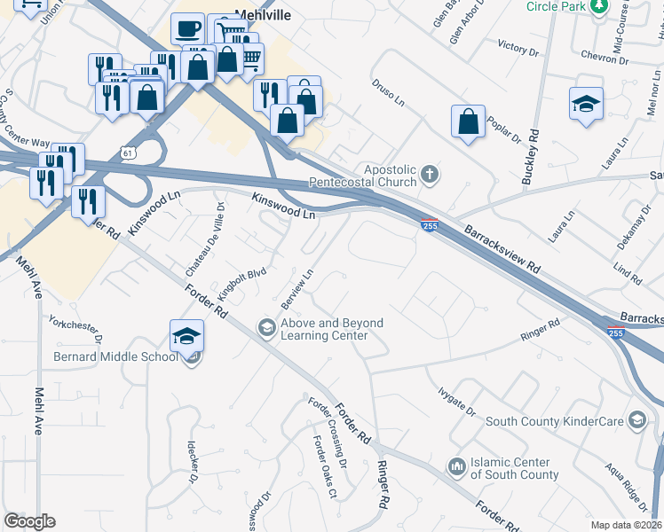 map of restaurants, bars, coffee shops, grocery stores, and more near 961 Forder Hills Dr in St Louis