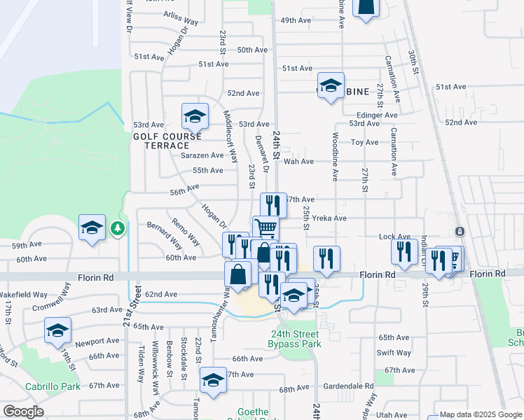 map of restaurants, bars, coffee shops, grocery stores, and more near 7006 Demaret Drive in Sacramento