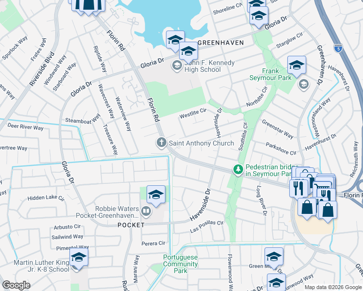 map of restaurants, bars, coffee shops, grocery stores, and more near 11 Park Place Court in Sacramento