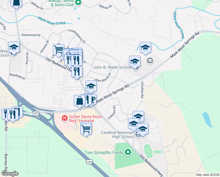 map of restaurants, bars, coffee shops, grocery stores, and more near 115 South Dover Court in Santa Rosa