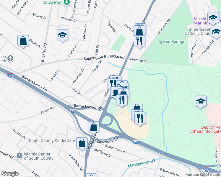 map of restaurants, bars, coffee shops, grocery stores, and more near 3156 Milissa Lane in St. Louis