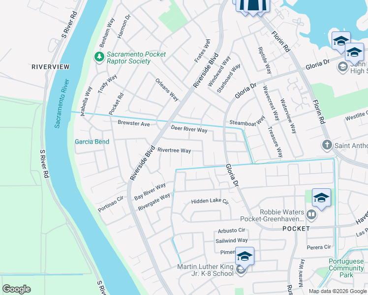 map of restaurants, bars, coffee shops, grocery stores, and more near 367 Rivertree Way in Sacramento