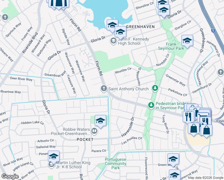 map of restaurants, bars, coffee shops, grocery stores, and more near 11 Park Place Court in Sacramento