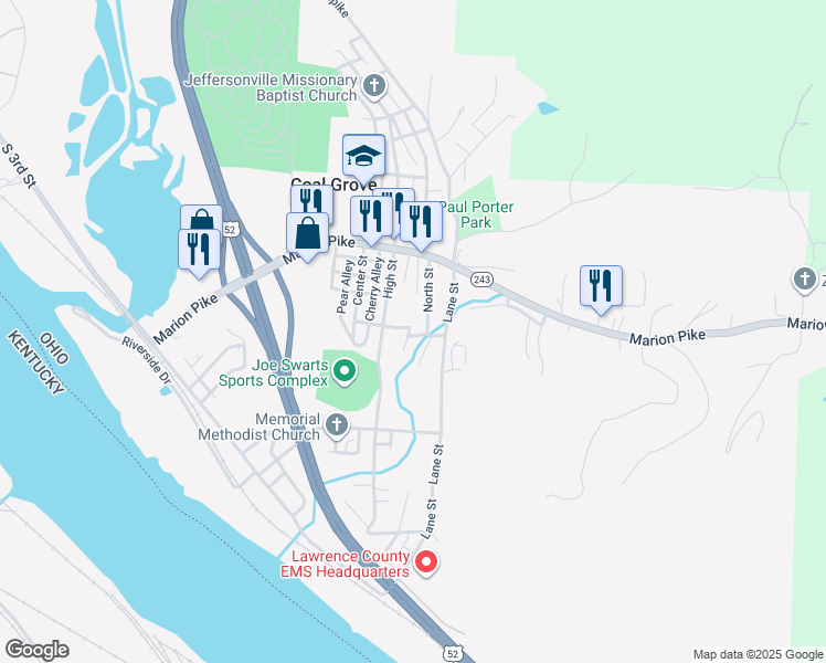 map of restaurants, bars, coffee shops, grocery stores, and more near 143 Locust Street in Coal Grove