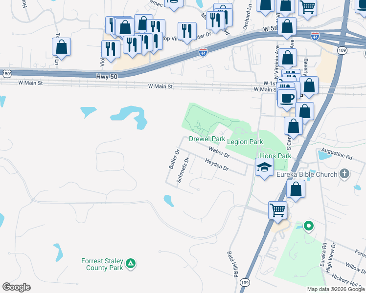 map of restaurants, bars, coffee shops, grocery stores, and more near 508 Butler Drive in Eureka