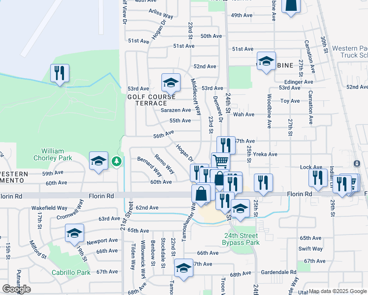 map of restaurants, bars, coffee shops, grocery stores, and more near 7019 Hogan Drive in Sacramento