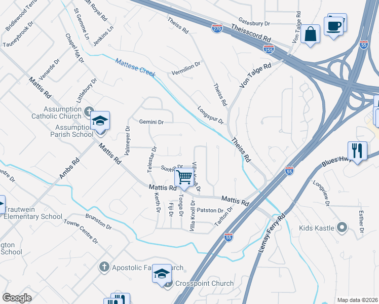map of restaurants, bars, coffee shops, grocery stores, and more near 4452 Skyridge Drive in St. Louis