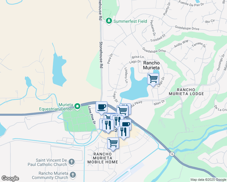 map of restaurants, bars, coffee shops, grocery stores, and more near 14866 Lago Drive in Rancho Murieta