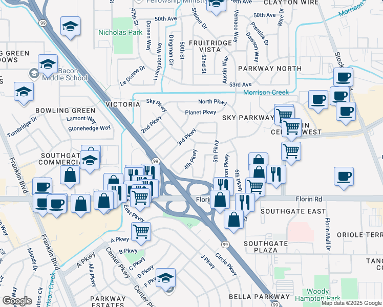 map of restaurants, bars, coffee shops, grocery stores, and more near 7018 4th Parkway in Sacramento
