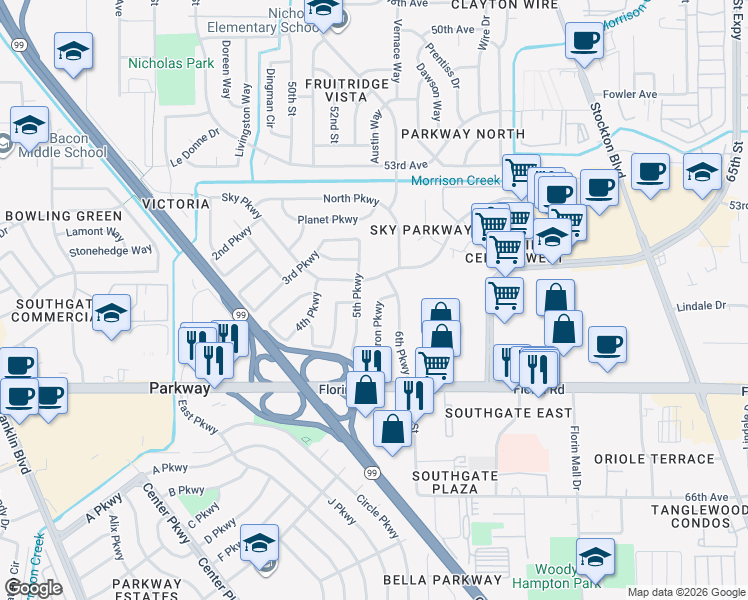 map of restaurants, bars, coffee shops, grocery stores, and more near 7022 Astron Parkway in Sacramento