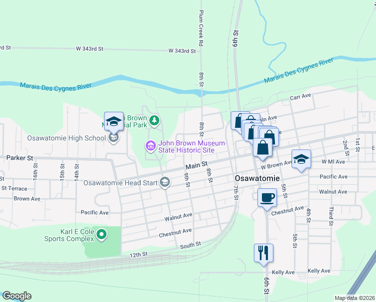 map of restaurants, bars, coffee shops, grocery stores, and more near 401 9th Street in Osawatomie