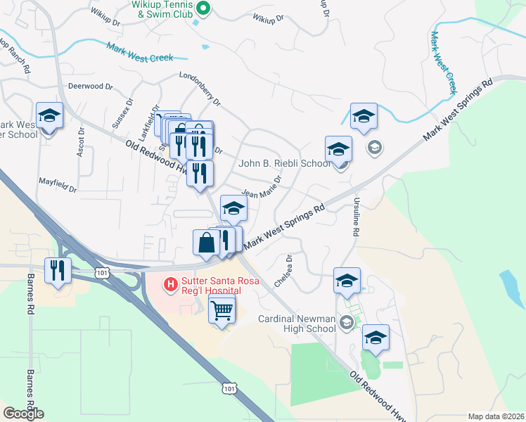 map of restaurants, bars, coffee shops, grocery stores, and more near 424 Newport Place in Santa Rosa