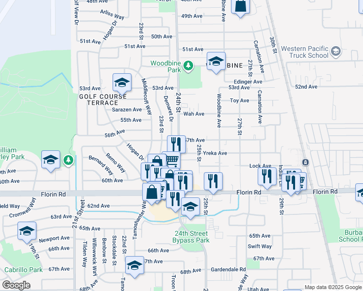map of restaurants, bars, coffee shops, grocery stores, and more near 7011 24th Street in Sacramento