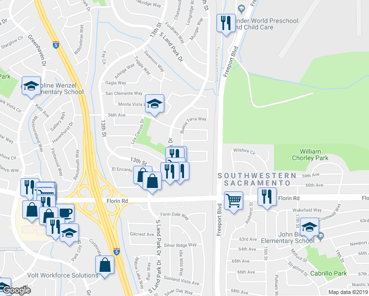 map of restaurants, bars, coffee shops, grocery stores, and more near 1418 Palomar Circle in Sacramento
