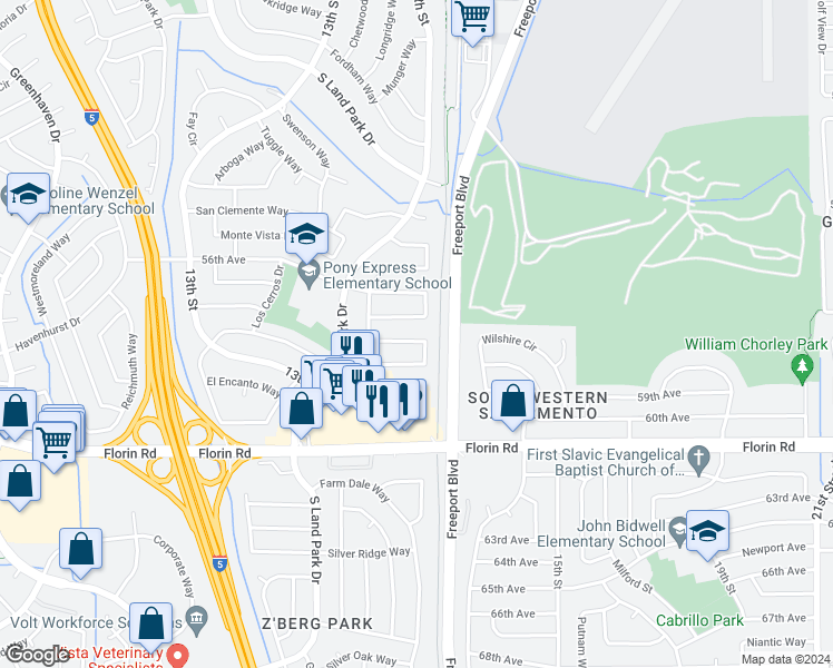 map of restaurants, bars, coffee shops, grocery stores, and more near 1382 Palomar Circle in Sacramento