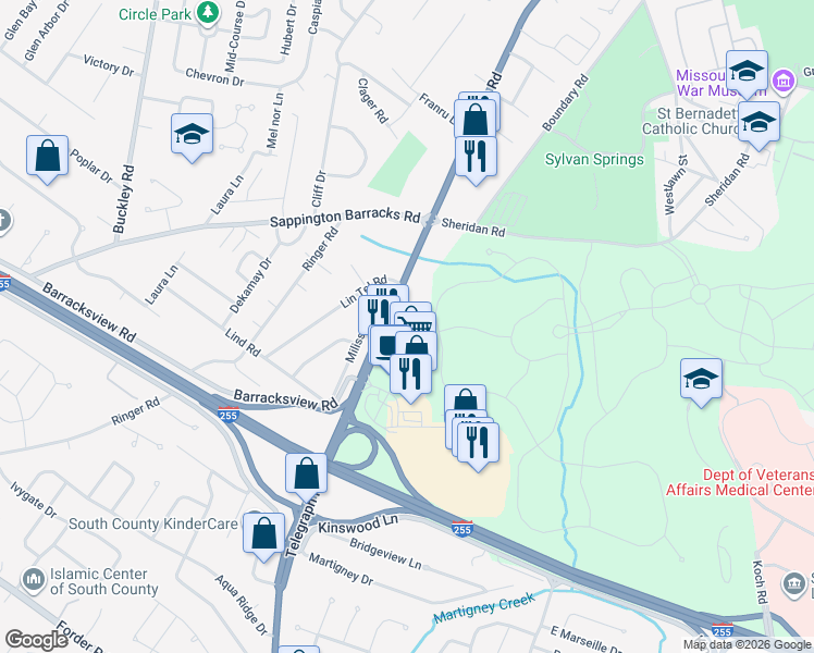 map of restaurants, bars, coffee shops, grocery stores, and more near 3110 Alpen Rose Court in St. Louis