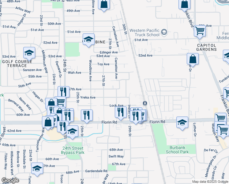 map of restaurants, bars, coffee shops, grocery stores, and more near 7010 Carnation Avenue in Sacramento