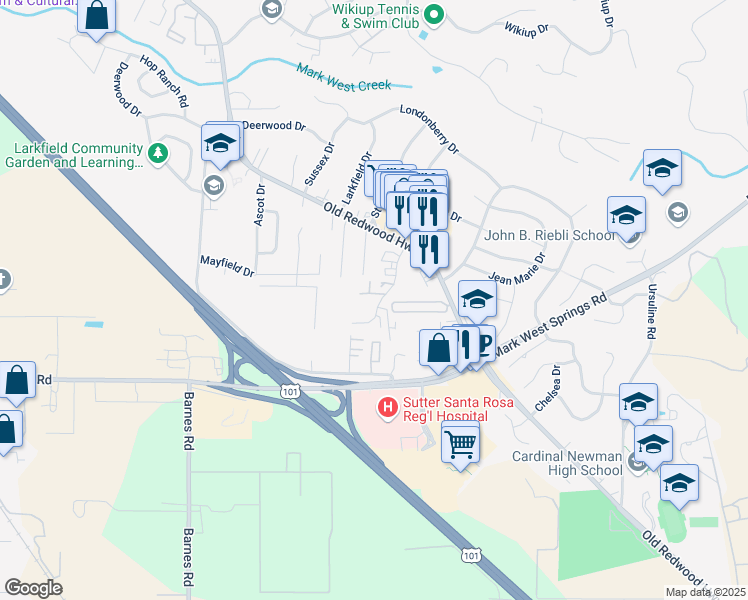 map of restaurants, bars, coffee shops, grocery stores, and more near 80 Woelfe Drive in Santa Rosa