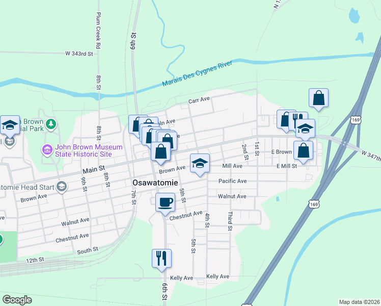 map of restaurants, bars, coffee shops, grocery stores, and more near 401 Main Street in Osawatomie
