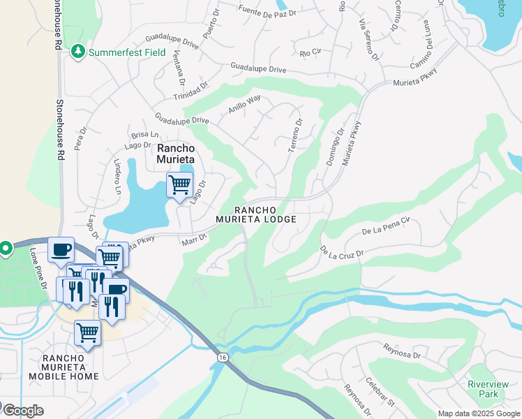 map of restaurants, bars, coffee shops, grocery stores, and more near 7083 Murieta Parkway in Rancho Murieta