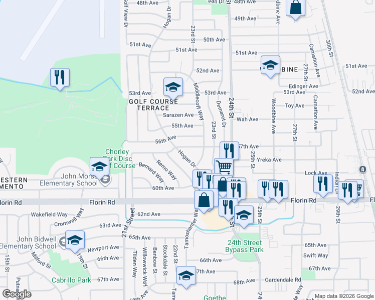 map of restaurants, bars, coffee shops, grocery stores, and more near 7019 Hogan Drive in Sacramento