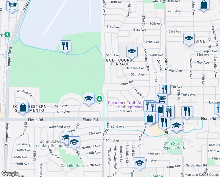 map of restaurants, bars, coffee shops, grocery stores, and more near 2105 57th Avenue in Sacramento