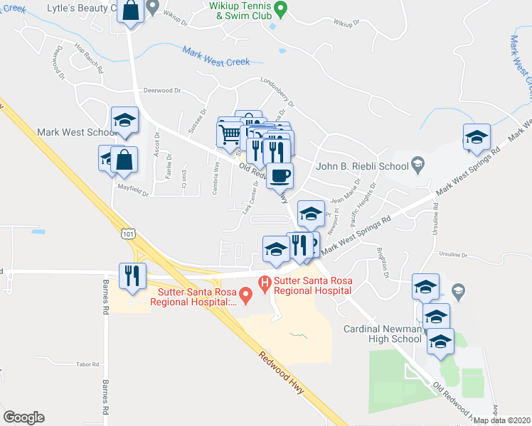 map of restaurants, bars, coffee shops, grocery stores, and more near 49 Larkfield Maples Court in Santa Rosa