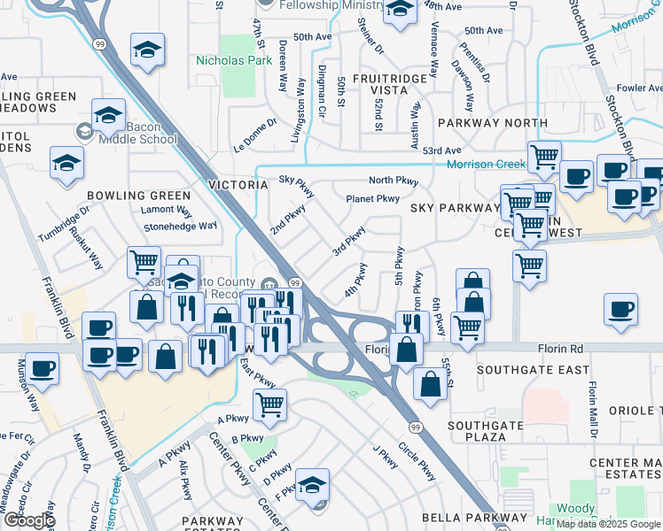 map of restaurants, bars, coffee shops, grocery stores, and more near 7033 3rd Parkway in Sacramento