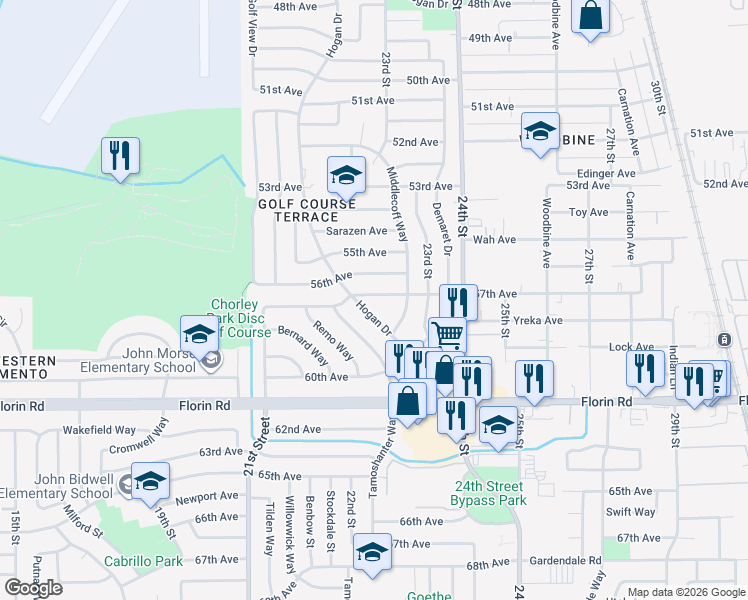 map of restaurants, bars, coffee shops, grocery stores, and more near 7019 Hogan Drive in Sacramento