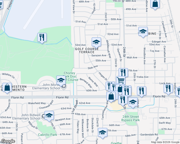 map of restaurants, bars, coffee shops, grocery stores, and more near 2112 57th Avenue in Sacramento