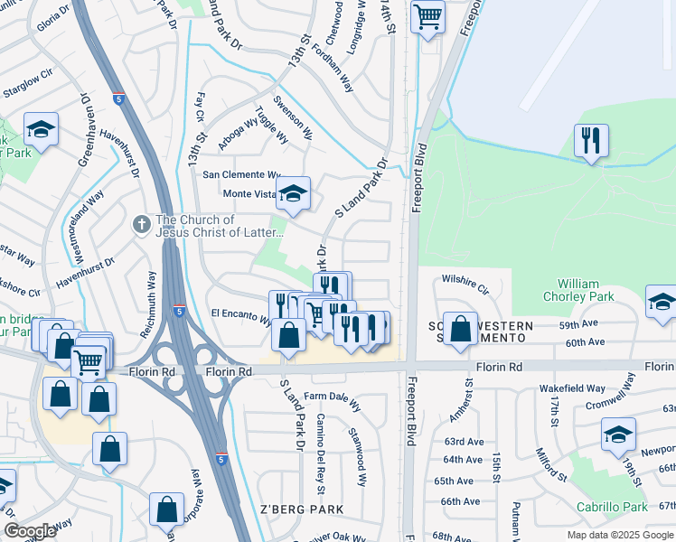 map of restaurants, bars, coffee shops, grocery stores, and more near 1418 Palomar Circle in Sacramento